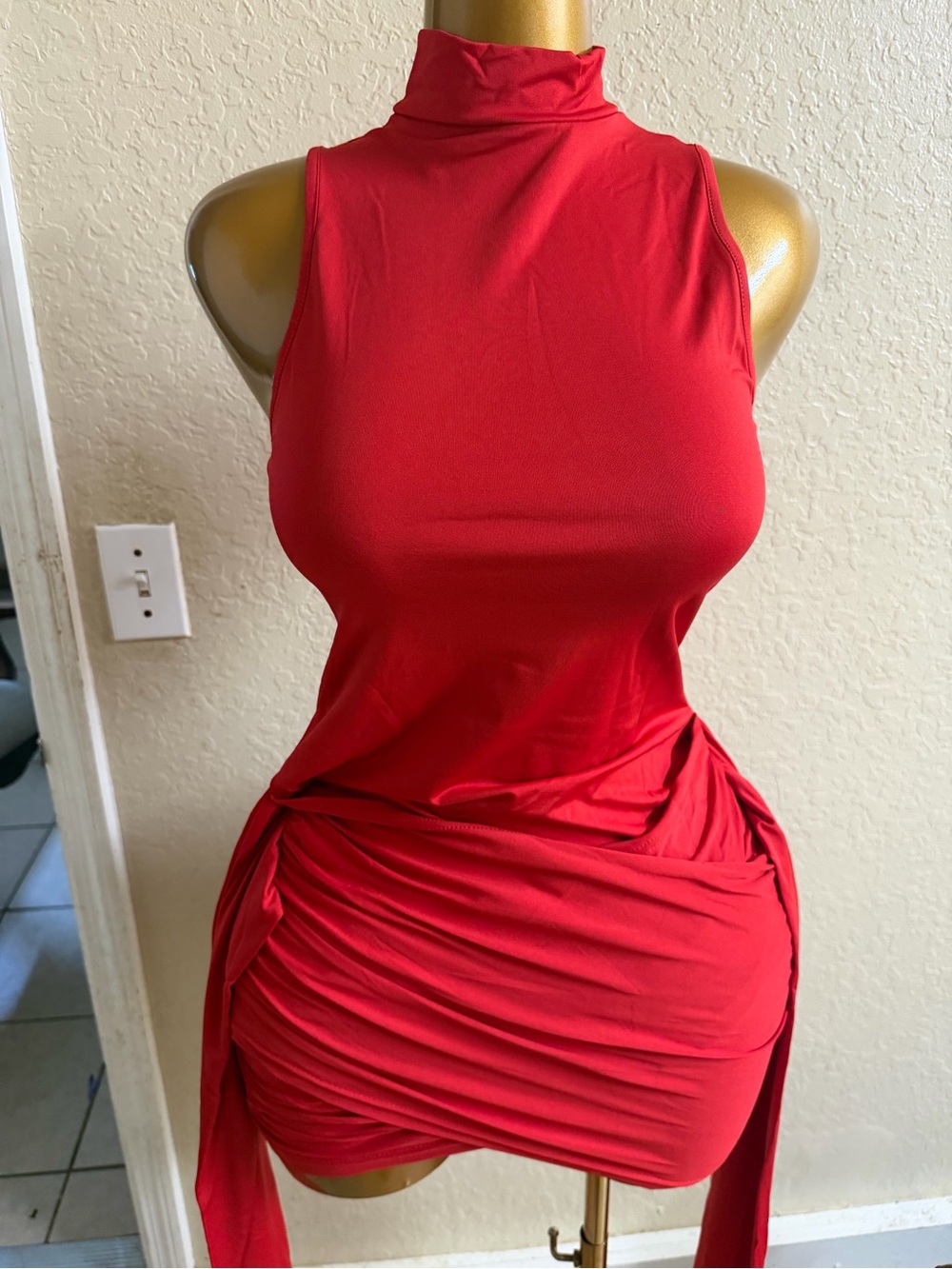 Sleeveless Mock Neck Ruched Mini Dress in Red